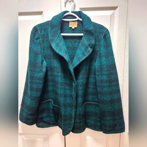 Vintage Mrs. H. Winter Yesterdays News Women's Green Plaid Wool Open Coat Jacket